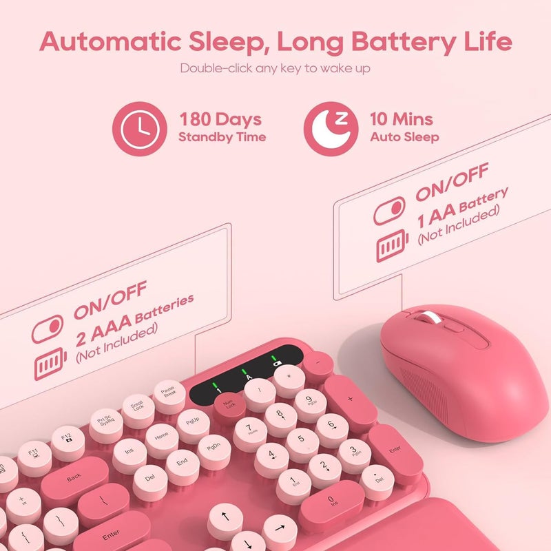 SABLUTE Wireless Keyboard and Mouse Combo - Round Keycaps, Full-Size Retro Typewriter Keyboard with Detachable Wrist Rest, Sleep Mode & Tilt Legs, 2.4GHz Cordless Connection for Mac/Windows/PC (Hot Pink) - Image 4